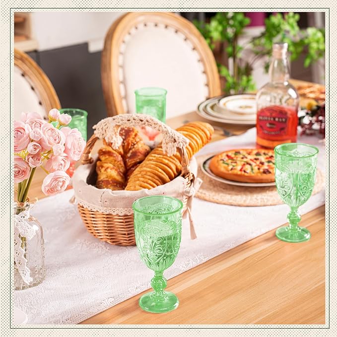 24 Pcs Plastic Goblets 7.5oz Vintage Goblet Plastic Wine Glasses Colored Retro Embossed Water Goblets for Wine Bar Juice Baby Shower Wedding Reception Grand Event Party (Green)