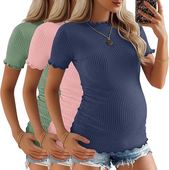 3 Pack Women's Maternity Tops Short Sleeve Ribbed Knit Maternity Shirts Crew Neck Side Ruched Pregnancy Clothes