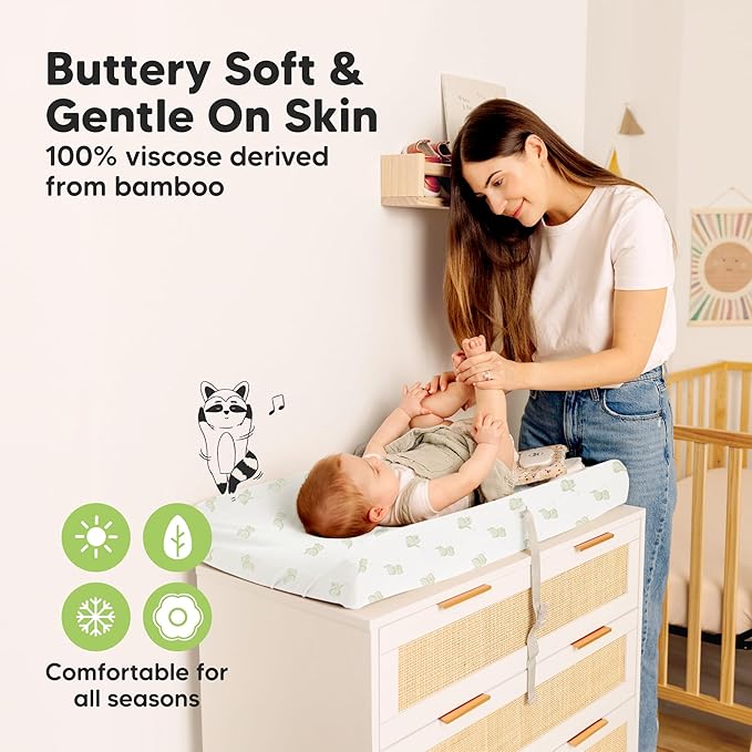 2-Pack Baby Changing Pad Cover for Girl, Boy - 32x16 Soft Viscose Derived from Bamboo Baby Diaper Changing Table Pad Cover Sheets, Neutral, Snug Fit Nursery Diaper Change Sheets (Elly)