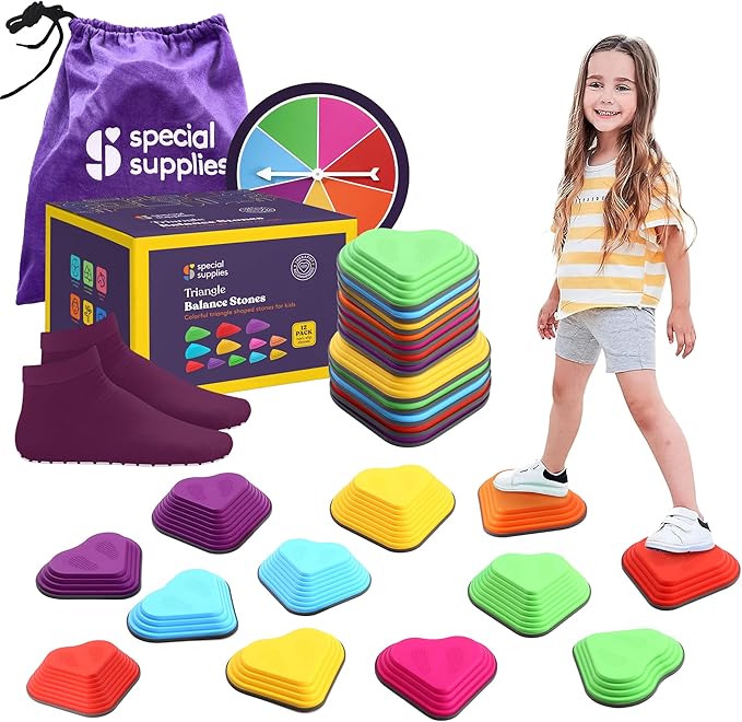 Special Supplies Stepping Stones for Kids Indoor and Outdoor Balance Blocks Promote Coordination, Balance, Strength Child Safe Rubber, Non-Slip Edging (Multi-Color, 12)