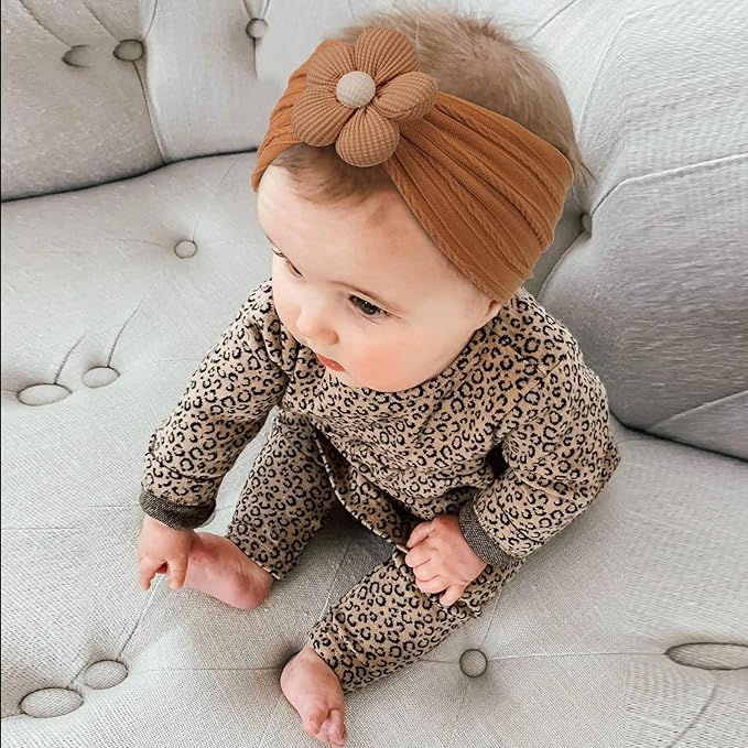 CÉLLOT Baby Flower Headbands Baby Girls Nylon Headbands Baby Essentials Stretchy Hairbands Handmade Hair Accessories for Newborn Infant Toddlers Kids (Pink,Brown,Beige)
