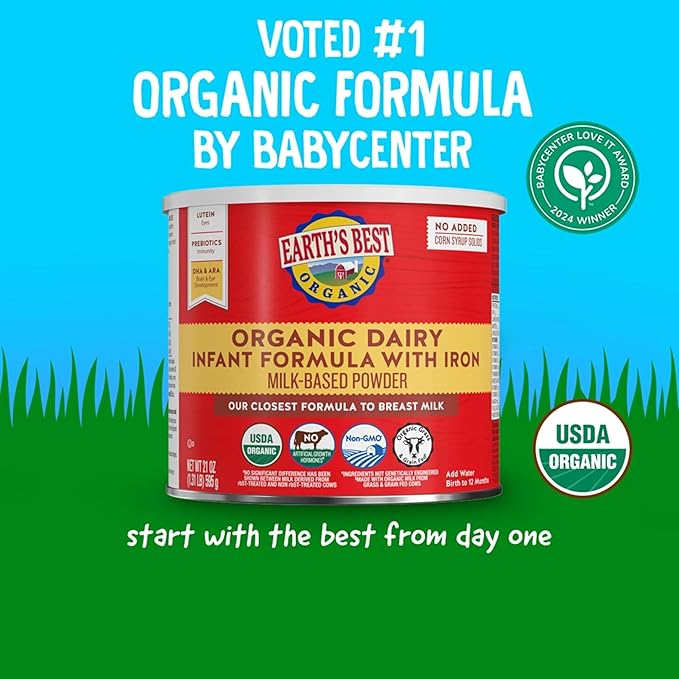 Earth's Best Organic Baby Formula for Babies 0-12 Months, Powdered Dairy Infant Formula with Iron, Omega-3 DHA, and Omega-6 ARA, 32 oz Formula Container