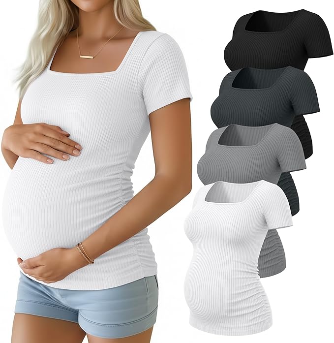 Huukeay 4 Pack Women's Maternity Shirts Cotton Ribbed Short Sleeve Square Neck Pregnancy Tops Side Ruched Summer Tee