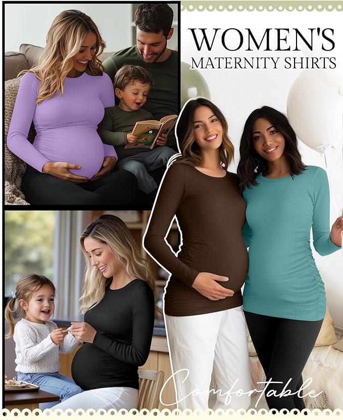 Ficerd 4 Pack Women's Maternity Shirts Cotton Long Sleeve Ribbed Crew Neck Pregnancy Tops Side Ruched Casual Mama Clothes