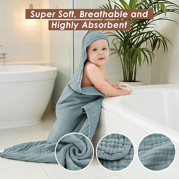 3-Pack Muslin Hooded Baby Towels, 100% Cotton, Ultra-Soft & Absorbent Baby Bath Towels with Hood for Babies, Infant, Toddler and Newbron (Grey, Green and Slate,32" x 32")