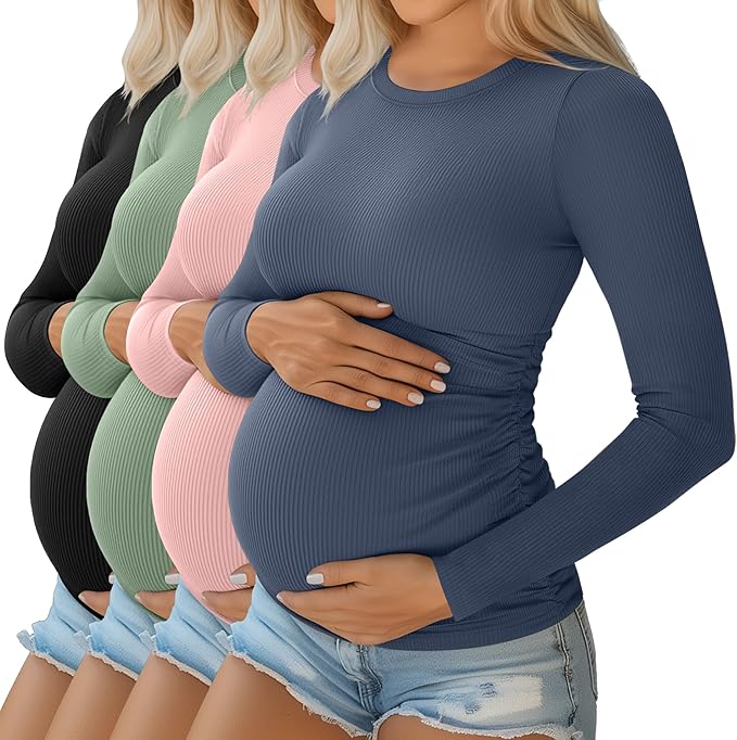 Ficerd 4 Pack Women's Maternity Shirts Cotton Long Sleeve Ribbed Crew Neck Pregnancy Tops Side Ruched Casual Mama Clothes
