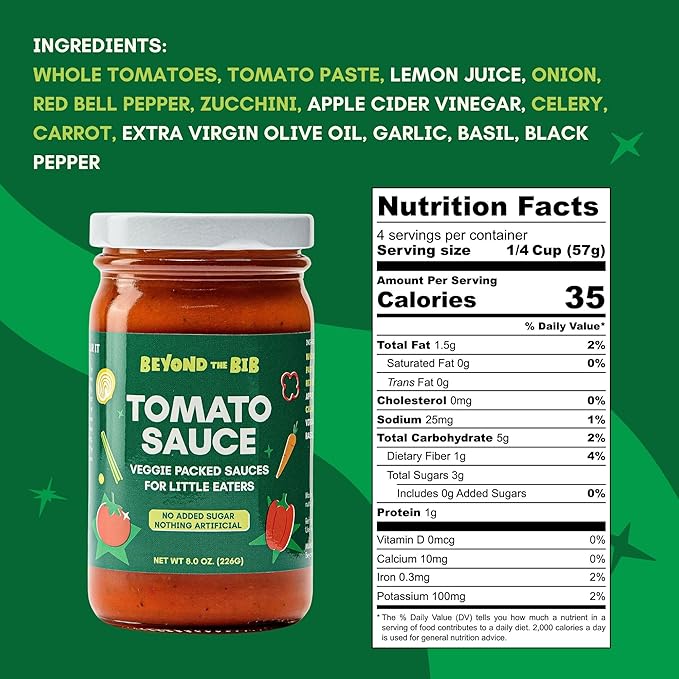 Beyond the Bib - Toddler and Kids Healthy Meal Sauces and Dips - Made with Vegetables, No Added Sugar, No Salt, No Artificial Ingredients - Ready to Eat - For 24+ Months (Tomato Sauce - 3 Pack)