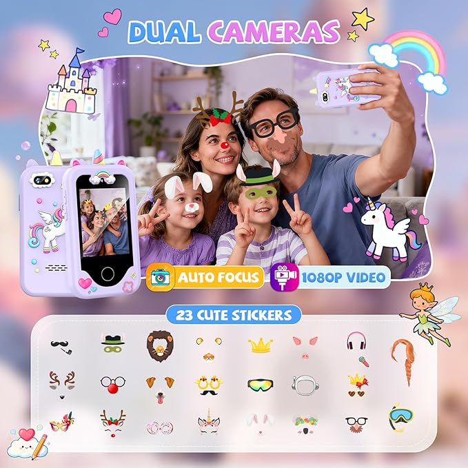 Nikuku Kids Phone for Girls Toys, Christmas Birthday Gifts for Boys 3-8 Year Old, Toddler Touchscreen Pretend Smart Cellphone with Dual Camera, Puzzle Learning Game, Music Player, 8GB Card(Purple)