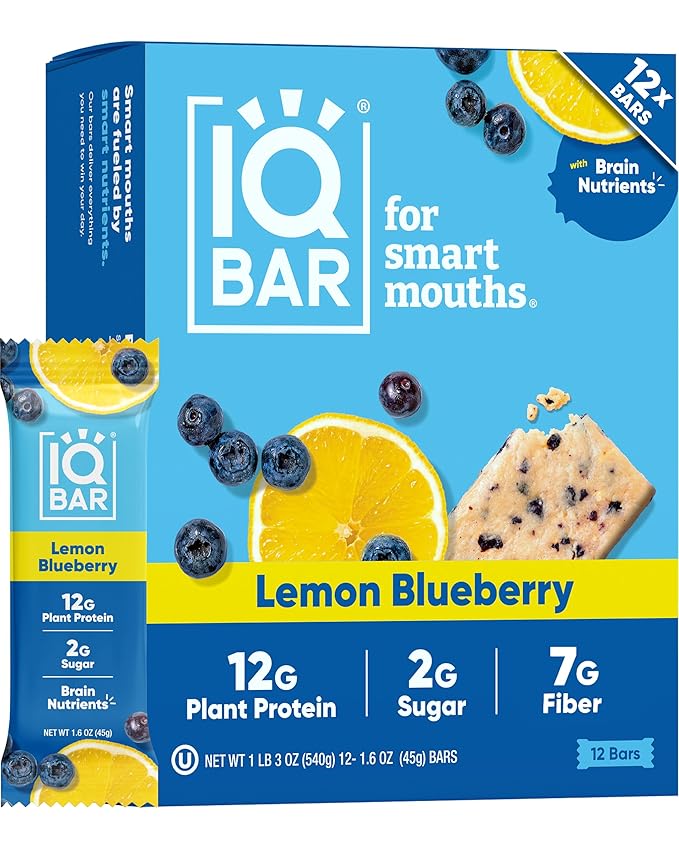 IQBAR Brain and Body Clean Plant Protein Bars - Lemon Blueberry - 12 Bars - Keto, Vegan, High Fiber, Gluten and Dairy Free, Low Sugar Snack with Nutrients for Focus, Energy, Meal Replacement