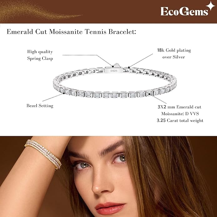 EcoGems Moissanite Tennis Bracelet for Women and Men – 18K White or Yellow Gold Plated Sterling Silver – Lab Grown D Color VVS Clarity Stones – Elegant Gift Box Included