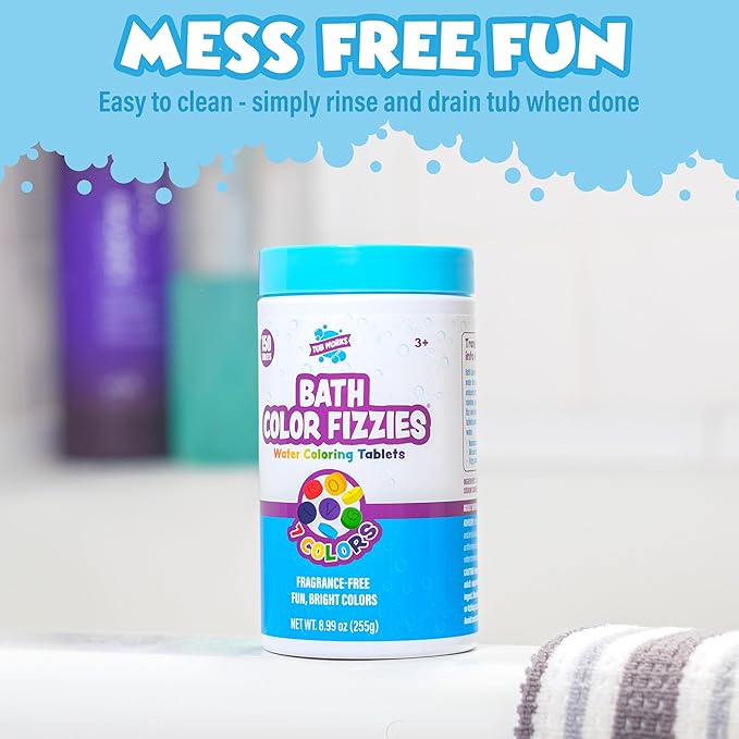 Tub Works® Bath Color Fizzies, 150 Count | Nontoxic & Fragrance-Free | Fizzy, Bath Color Tablets for Kids | Create Colorful Water Water Tablets in 7 Colors for Variety | Bath Bombs for Kids Bathtub