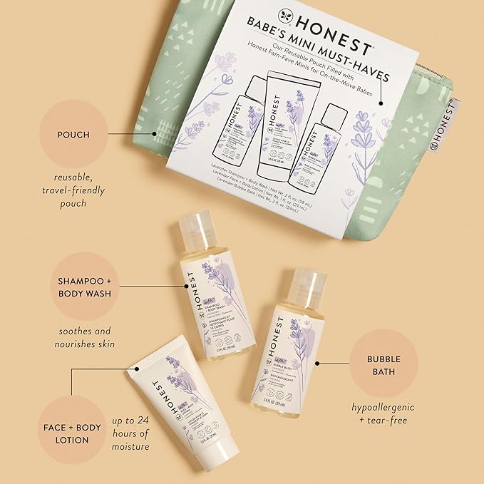 The Honest Company Babe's Mini Must Haves Gift Set Travel Size Hypoallergenic Lavender Bathtime Essentials Shampoo Body Wash (2 fl oz) Face Lotion (1 Bubble Bath