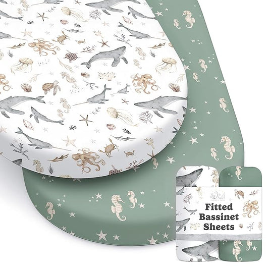 Baby Bassinet Sheets for Boy, Girl (Ocean Odyssey) 2-Pack - Fitted Bedside Bassinet Sheets - Buttery Soft Cotton Blend for Standard Mattress Pad - Compatible with Halo BassiNest