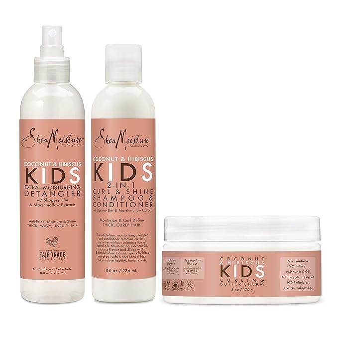 SheaMoisture Kids Extra Moisturizing Detangler, 2-In-1 Curl & Shine Coconut Hibiscus Shampoo & Conditioner, and Curling Butter Cream for Curly Hair 3 Count