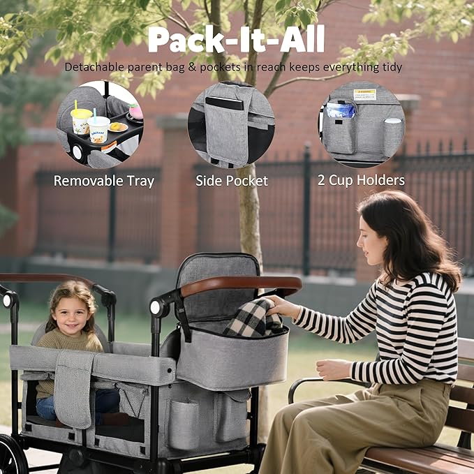 Wagon Stroller for 2 Kids, Foldable Kids Wagon Cart Featuring with Harnesses, Adjustable Double Push Handle, Removable Canopy, Snack Tray, Large Storage Bag, Gray