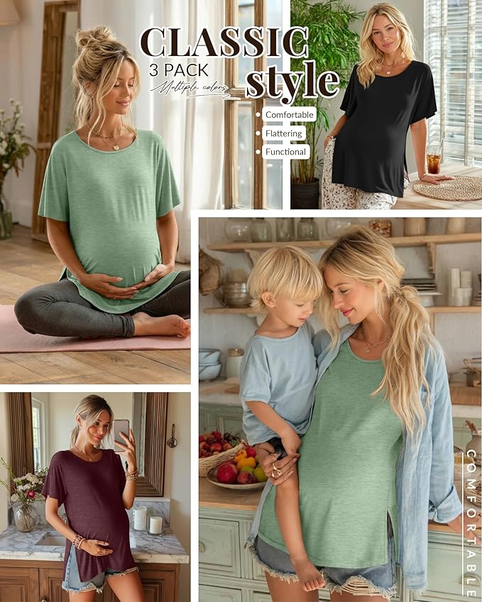 Riyiper 3 Pack Women's Maternity Tunic Shirts Cotton Summer Pregnancy Clothes Loose Oversized Split Side Blouse Tops