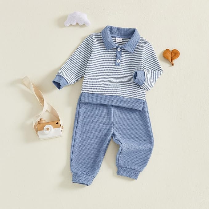 Baby Boy Toddler Fall Outfit Striped Sweatshirt Toddler Boy Winter Waffle Clothes 3 6 12 18 Months 2 3 T Pant Set