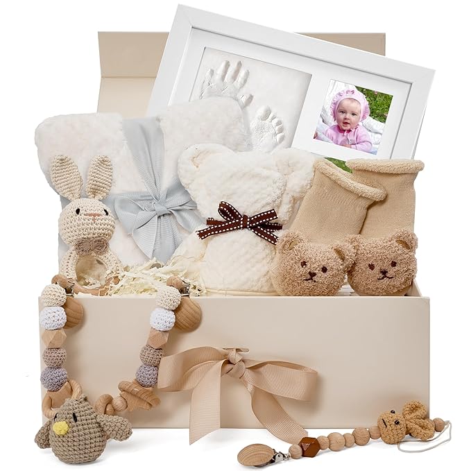 Best Baby Gift Set for Newborn Boys&Girls-Gender Neutral Baby Shower Gifts with Baby Pacifiers,Handprint&Footprint Keepsake Frame,Knitted Blanket,Rattle,Socks&Pacifier Clip–Deluxe Gift Box