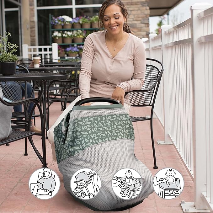 Boppy 4 and More Multi-use Cover, Green Leaves, Quick-Dry UPF 50+ Knit and Breathable Mesh, Versatile for Car Seat Canopy, Nursing Cover, Infant Strollers, Shopping Carts, Highchairs and More
