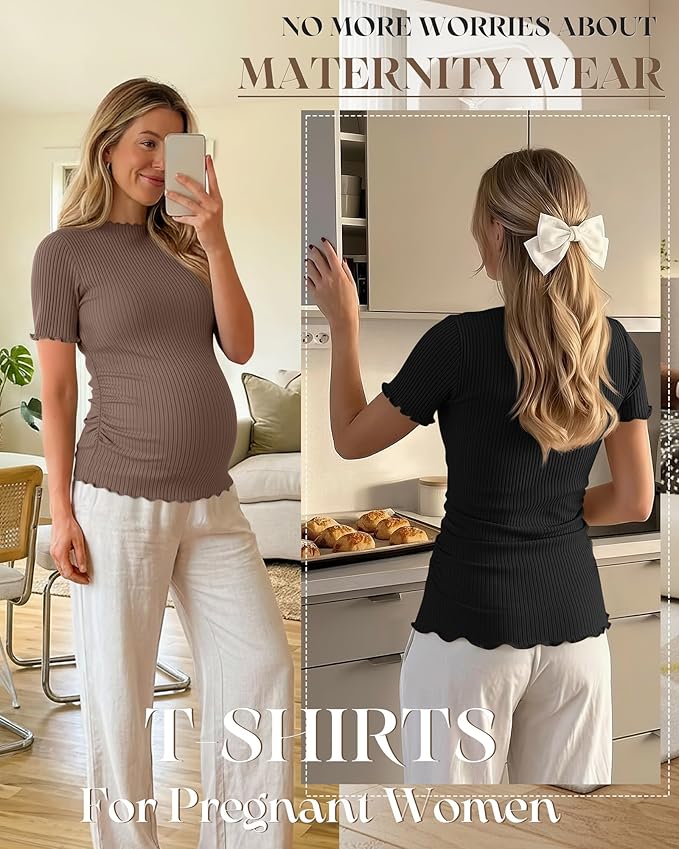 3 Pack Women's Maternity Tops Short Sleeve Ribbed Knit Maternity Shirts Crew Neck Side Ruched Pregnancy Clothes