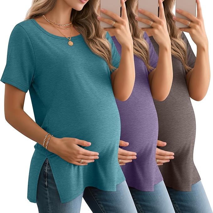 3 Pack Women's Maternity Shirts Short Sleeve Round Neck Side Split Pregnancy Tops Loose Summer Casual Mama Clothes
