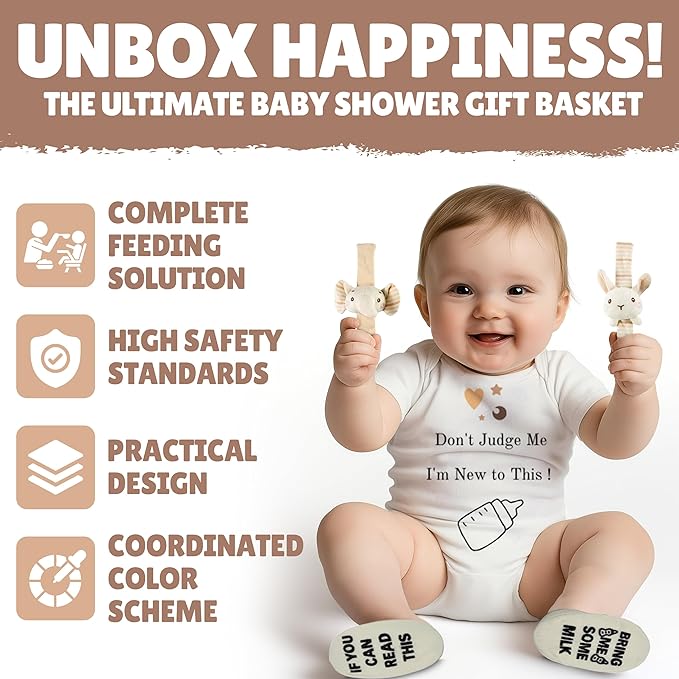 Baby Gift Set | 11 Piece Gender Neutral Newborn Gift Basket for Boys & Girls – Baby Essentials with Plate, Bib, Spoon, Cup, Feeder, Outfit, Rattles & Storage Bag