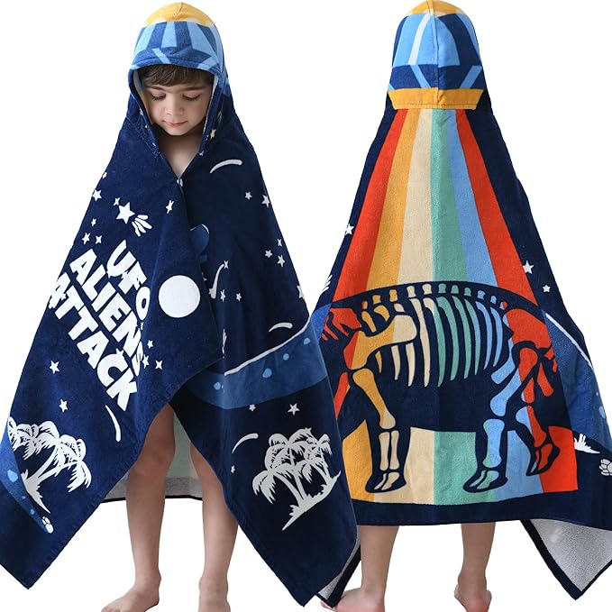 VOOVA & MOVAS Toddler Bath Towel with Hood for Kids Age 3-8, 30''X50, Soft | Thick | Absorbent Cotton Wrap Blanket, Beach, Pool, Swim | Bath Use, Dinosaur Under The UFO