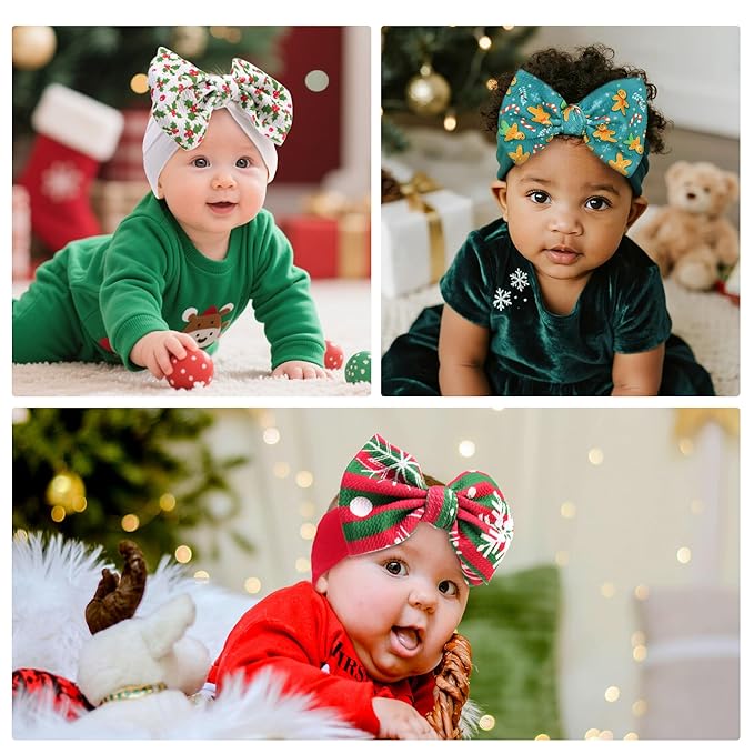 Christmas Baby Headbands 3 Pcs Nylon Headbands with Bows for Baby Girl Hair Accessories for Newborns, Infants, Toddlers Christmas Outfit