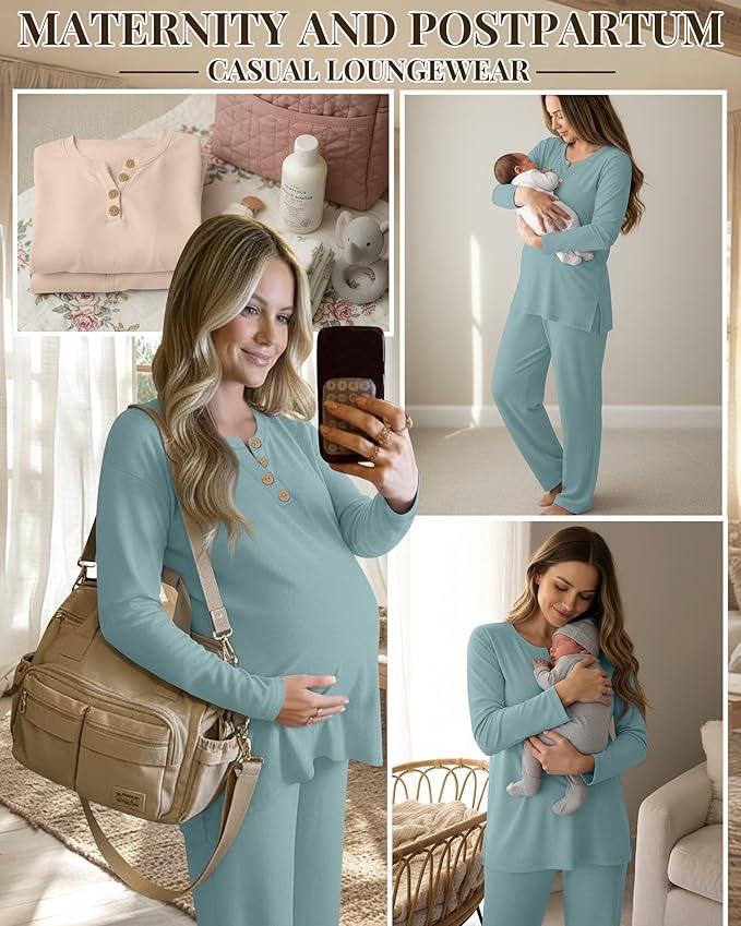 2 Piece Thermal Maternity Lounge Set Postpartum Pregnancy Fleece Loungewear Long Sleeve Top and Wide Leg Pant