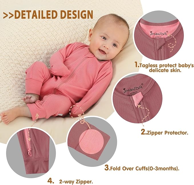 Jimonda Ribbed Rayon From Bamboo Baby Boys/Girls Sleepers, 2-Way Zipper Long Sleeve Footless Pajamas With Mittens Soft Pjs