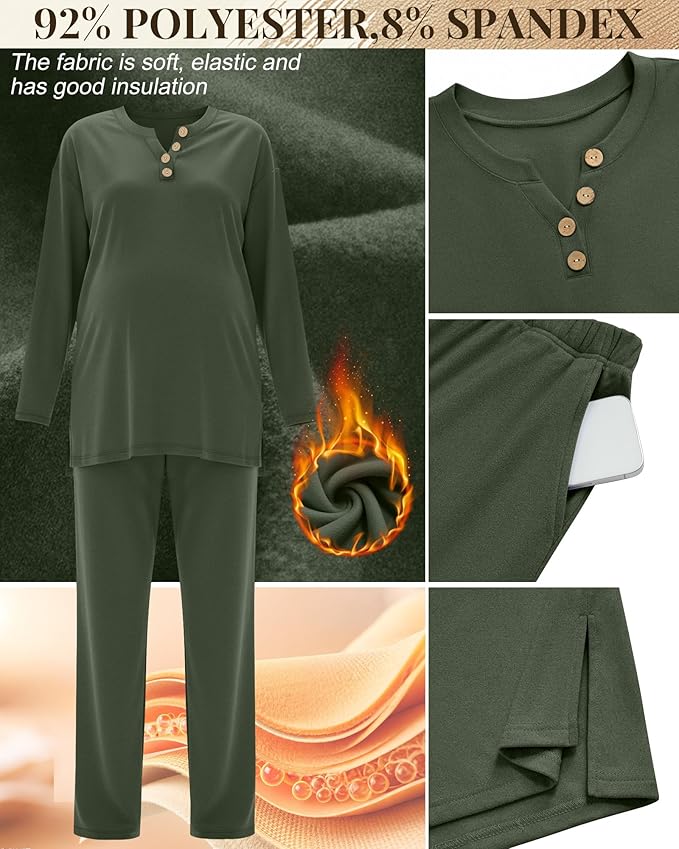 2 Piece Thermal Maternity Lounge Set Postpartum Pregnancy Fleece Loungewear Long Sleeve Top and Wide Leg Pant