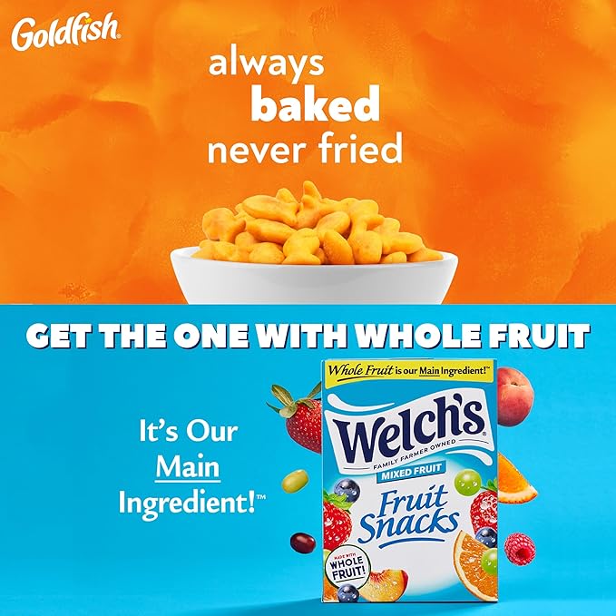Goldfish and Welch’s Fruit Snacks for Back to School, 1 Box of Goldfish Cheddar Cheese Cracker Packs (20 Count) and 1 Box of Welch’s Mixed Fruit Snack Packs (40 Count)