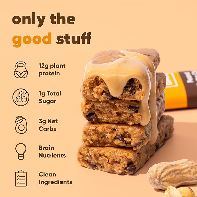 IQBAR Brain and Body Plant Protein Bars - Peanut Butter Chip - 12-Count - Keto, Vegan, Low Carb, High Fiber, Gluten Free, Dairy Free, Low Sugar Snack with Nutrients for Focus, Energy, Meal Replacement