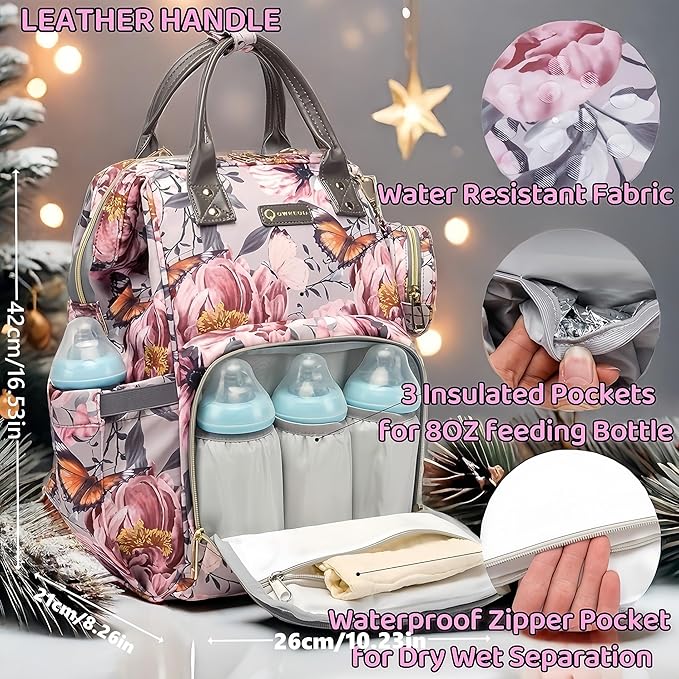 Floral Diaper Bag Backpack with Coin Bag USB Charging Port Stroller Straps and Insulated Pocket,Travel Nappy Backpack For Women/Mom (Grey Pink Flower Pattern)