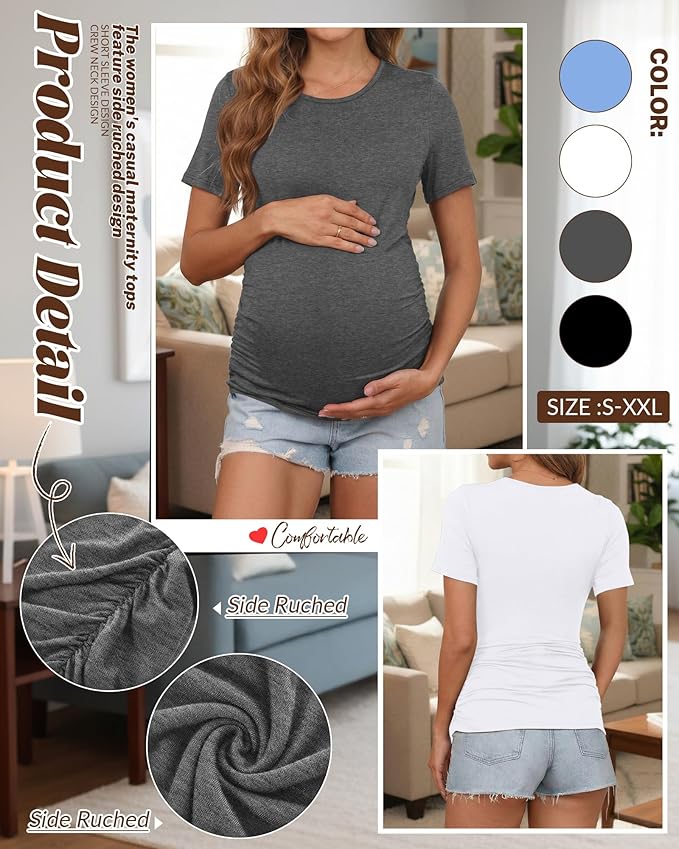 Huukeay 4 Pack Women's Maternity Shirts, Crew Neck Maternity Top Short Sleeve Casual Cotton Tee Side Ruched Pregnancy Clothes
