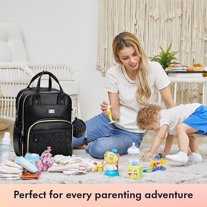 Dikaslon Leather Diaper Bag Backpack with Portable Changing Pad, Pacifier Case and Stroller Straps, Large Unisex Baby Bags for Boys Girls, Multipurpose Travel Back Pack for Moms Dads, Black