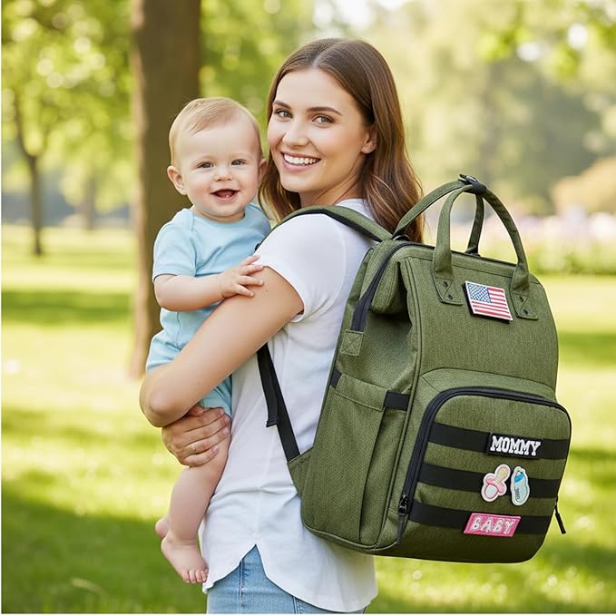 Diaper Bag Backpack for Dad and Mom with USB Charging Port Stroller Straps and Insulated Pocket,army military Travel Nappy Backpack for daddy mommy (Green)