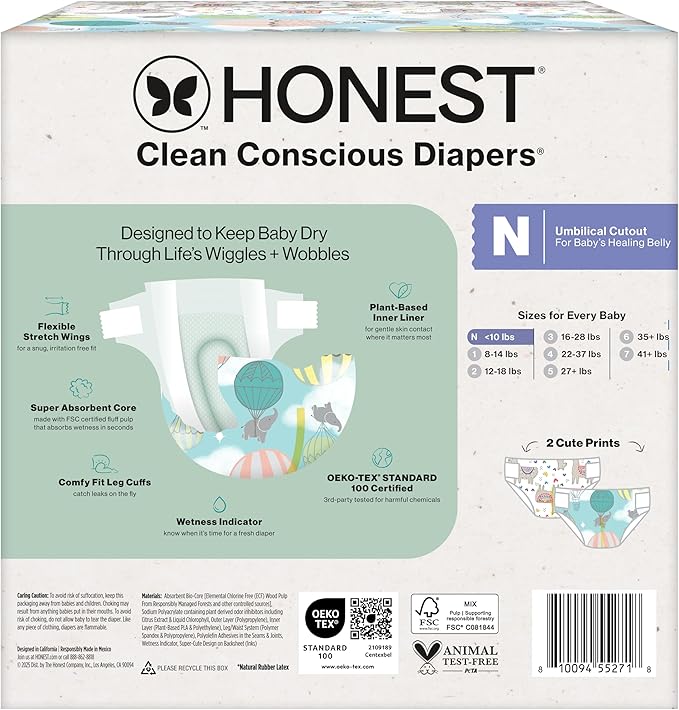 The Honest Company Comfort Dry Disposable Diapers for Sensitive Skin, Hypoallergenic, Above It All + All The Alpacas, Club Box Size Newborn 72 Count