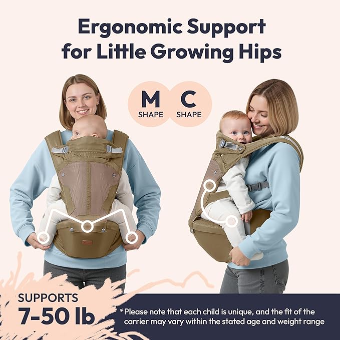 BabbleRoo Grow Carrier – Safety-Certified 6-in-1 Baby Carrier with Hip Seat, Ergonomic & Adjustable Toddler Carrier 7-50 lbs with Hip Support, Hood for Sun Protection, Newborn to Toddler, Warm Taupe