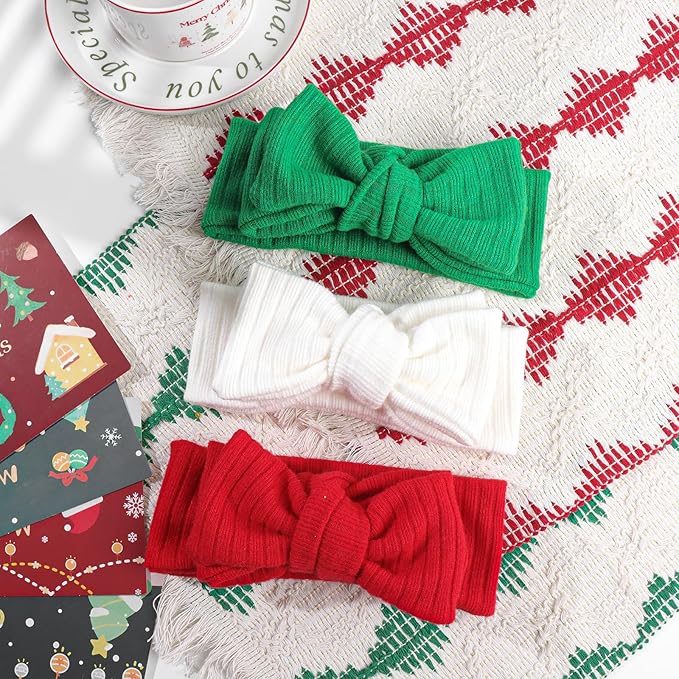 YanJie Christmas Baby Girls Headbands Red Green White Stretchy Waffle Hair Bows Toddler Headband Newborn Big Baby Bows Girls Hair Accessories
