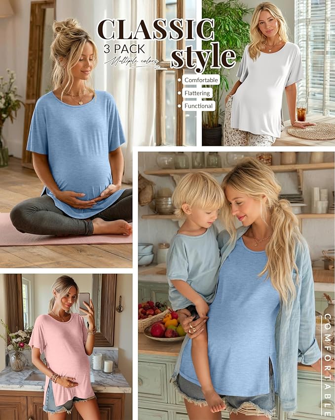 Riyiper 3 Pack Women's Maternity Tunic Shirts Cotton Summer Pregnancy Clothes Loose Oversized Split Side Blouse Tops