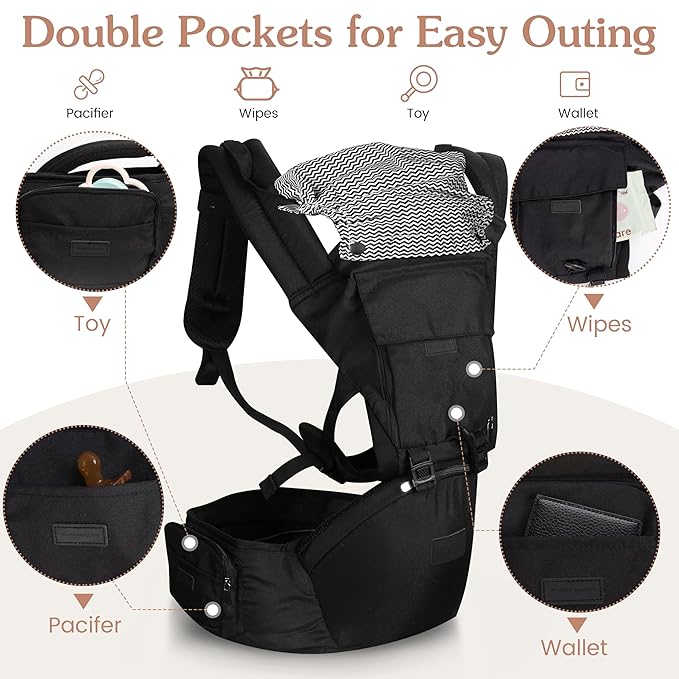Baby Carrier 6-in-1 Newborn to Toddler,Hip Seat,Adjustable Detachable Infanti Carrier,for All Seasons & Positions,Shopping Travelling, Black