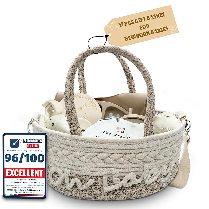 Baby Gift Set | 11 Piece Gender Neutral Newborn Gift Basket for Boys & Girls – Baby Essentials with Plate, Bib, Spoon, Cup, Feeder, Outfit, Rattles & Storage Bag