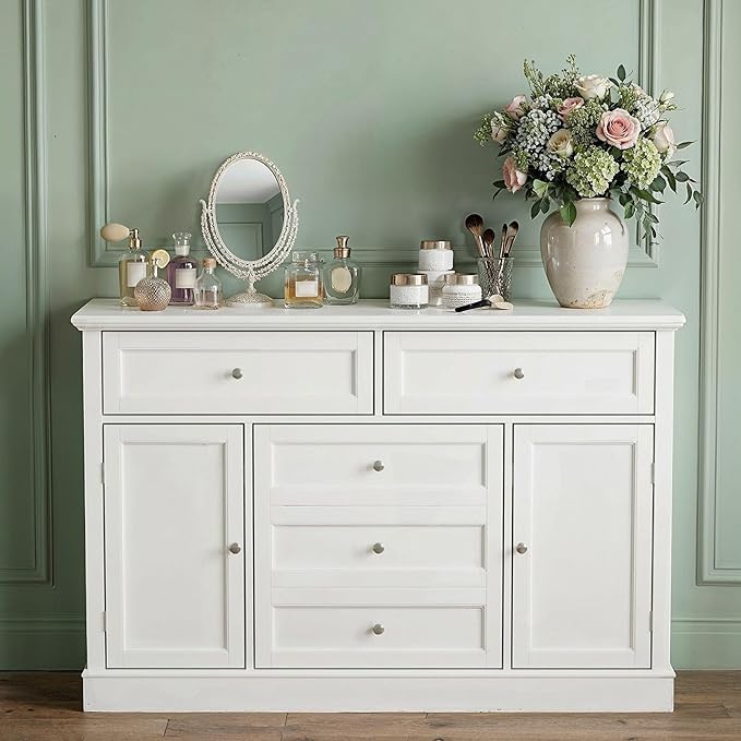 46“ Baby Dresser with Changing Table Top, White Dresser with Storage Drawers and Doors for Nursery, Multifunctional Nursery Baby Changing Table Dressers, Diaper Station Cabinet for Kids Room