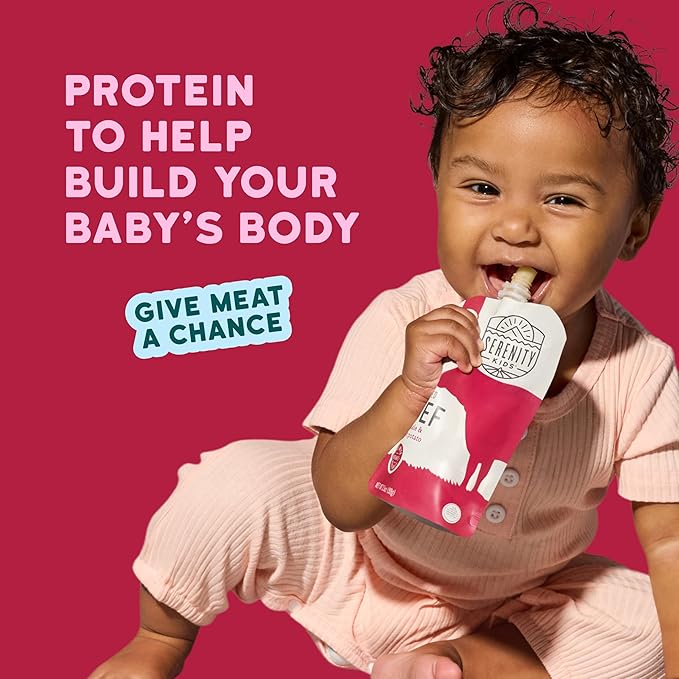 Serenity Kids 6+ Months Baby Food Pouches - 5g Protein Boost with Grass Fed Beef - No Added Sugar Organic Veggie Puree Pouches - On-the-Go Toddler Food Pack - 3.5 Oz, Pack of 12