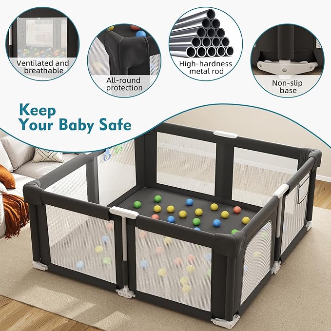 Foldable Playpen for Babies and Toddlers, 51" Portable Play Pen with Mat and Ocean Balls, Play Yard with with Visible Mesh for Inddor and Outdoor, No Assembly Required, Black