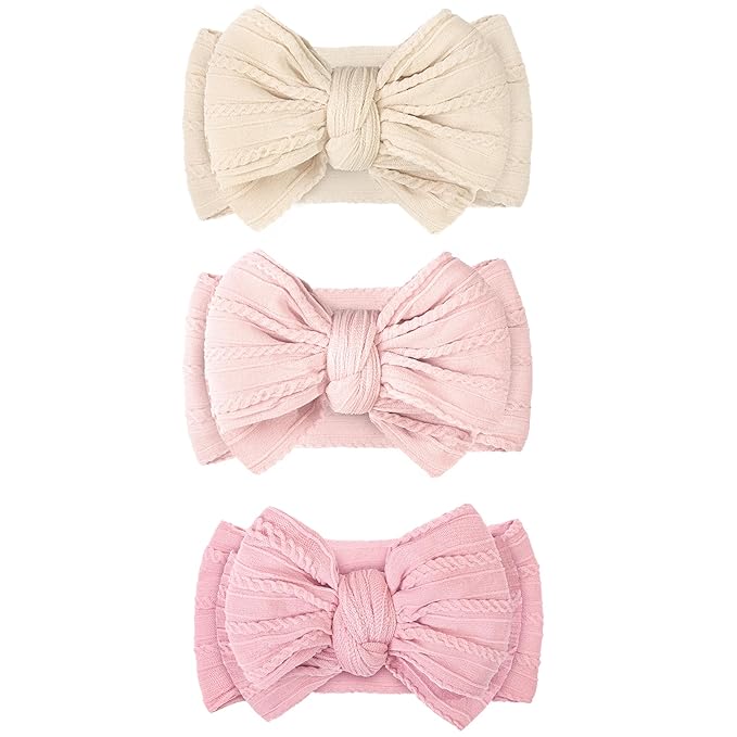 JOYOYO 3 Pcs Soft Wide Turban Baby Headbands with Double-Layer Bow for Baby Girls, Newborns, Toddlers(Beige, Pearl Pink, Pink)