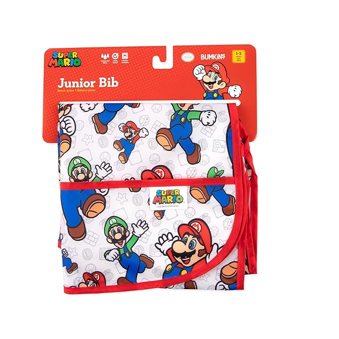 Bumkins Short Sleeve Bib for Girl or Boy, Toddler and Kids for 1-3 Years, Large Size, Essential Must Have for Junior Children, Eating, Mess Saving Soft Fabric Apron for Play, Nintendo Mario and Luigi