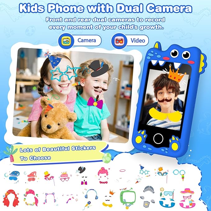 M SANMERSEN Dinosaur Kids Smart Phone for 3-6 Year Olds – 2.8" Touchscreen, Dual Camera, 28 Learning Games, MP3 Music Player, 32GB SD Card – Educational Toddler Phone Toy for Boys & Girls