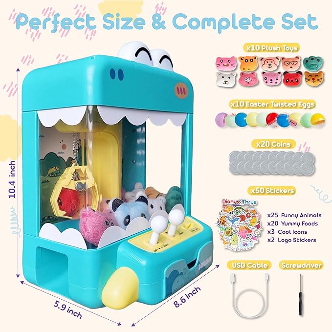 Claw Machine for Kids - Mini Arcade Game - Vending Machine - Candy Grabber Toys - Silent Mode, Lights, USB - Plush Toys & Easter Eggs, Surprise Stickers - Fun Gift for Kids, Boys & Girls (Dinosaur)
